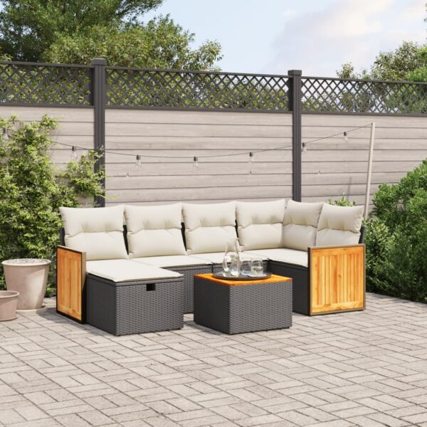 7-delige Loungeset met kussens poly rattan zwart