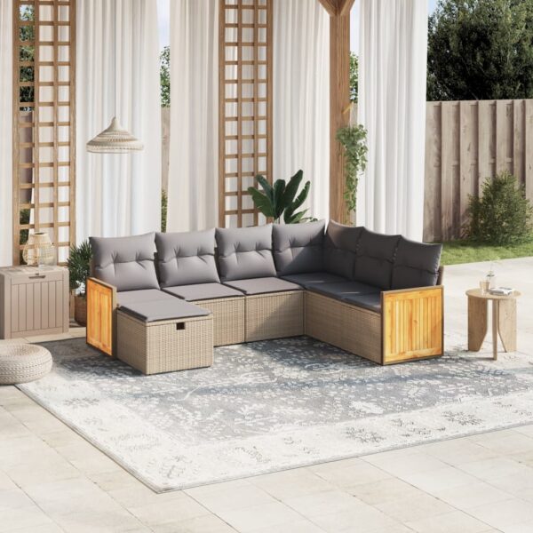 7-delige Loungeset met kussens poly rattan gemengd beige