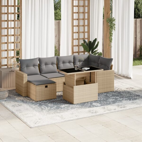 7-delige Loungeset met kussens poly rattan beige