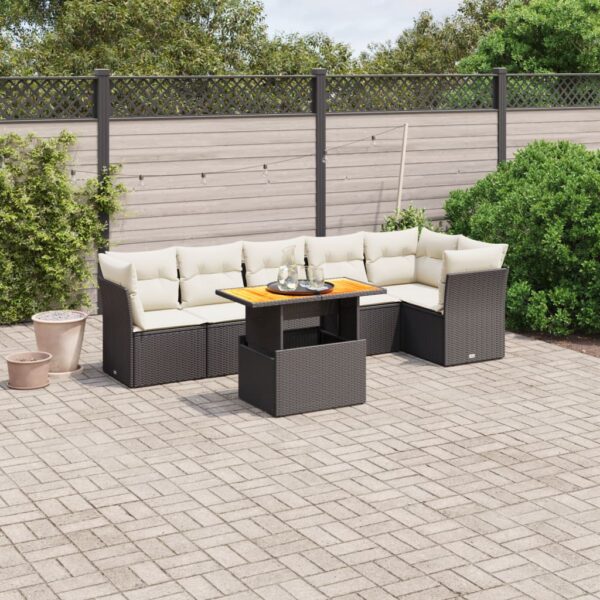 7-delige Loungeset met kussens poly rattan zwart