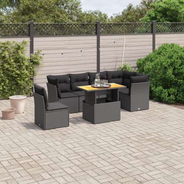 7-delige Loungeset met kussens poly rattan zwart