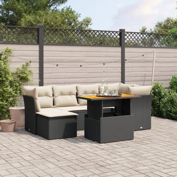 7-delige Loungeset met kussens poly rattan zwart