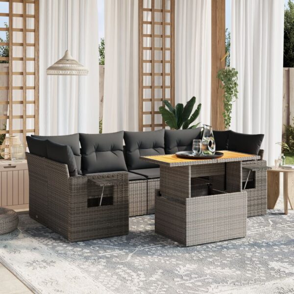 7-delige Loungeset met kussens poly rattan grijs