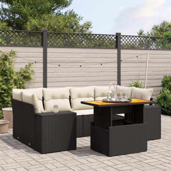 7-delige Loungeset met kussens poly rattan zwart