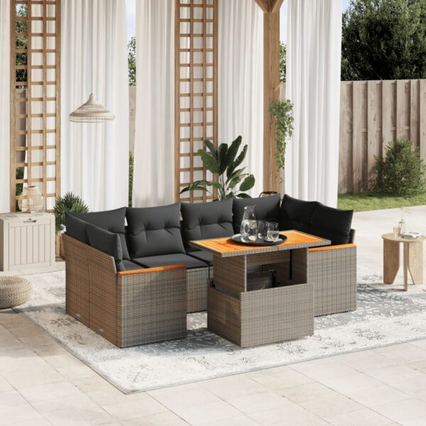 7-delige Loungeset met kussens poly rattan grijs