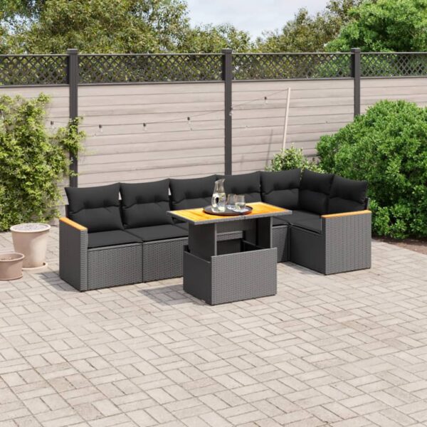 7-delige Loungeset met kussens poly rattan zwart