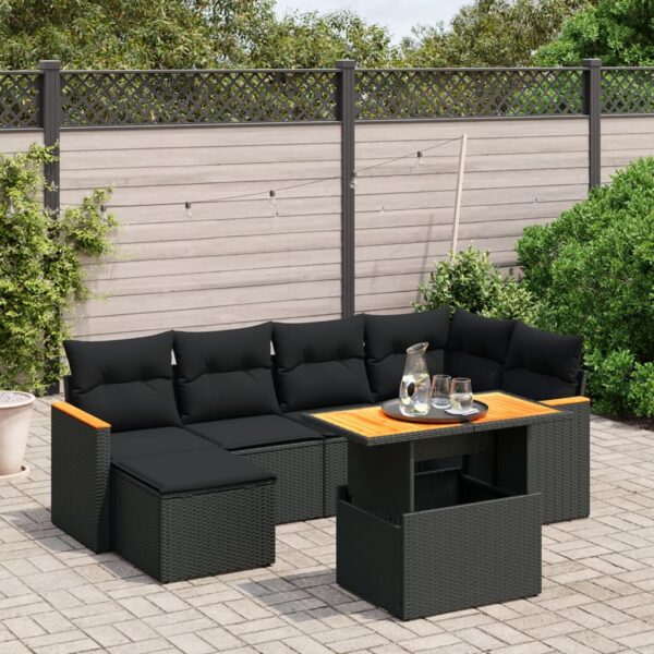 7-delige Loungeset met kussens poly rattan zwart
