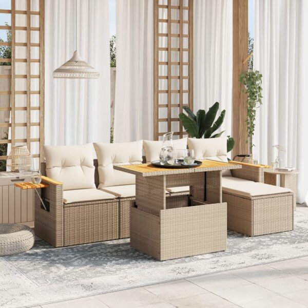 6-delige Loungeset met kussens poly rattan beige