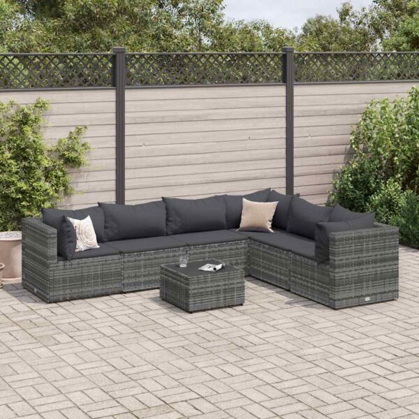 7-delige Loungeset met kussens poly rattan grijs