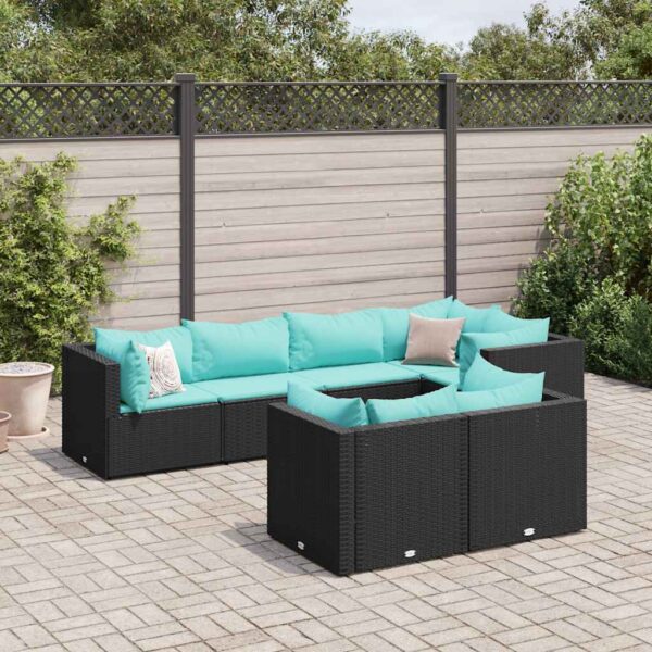 7-delige Loungeset met kussens poly rattan zwart