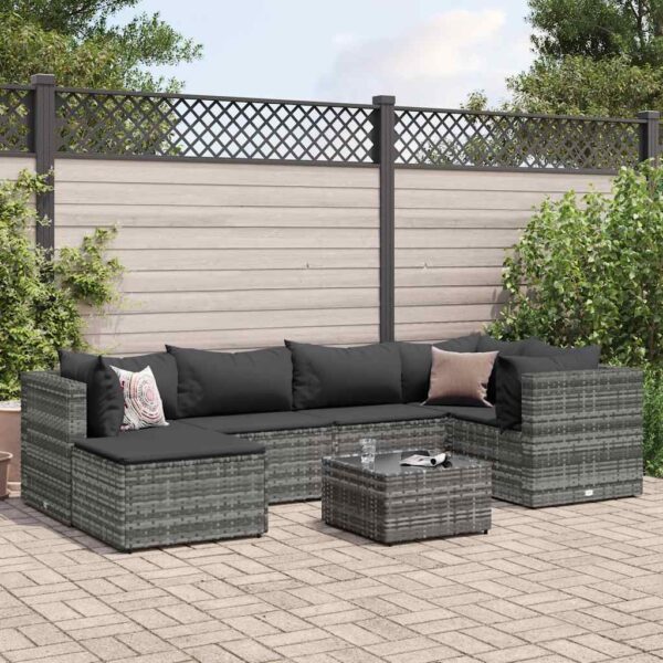 7-delige Loungeset met kussens poly rattan grijs
