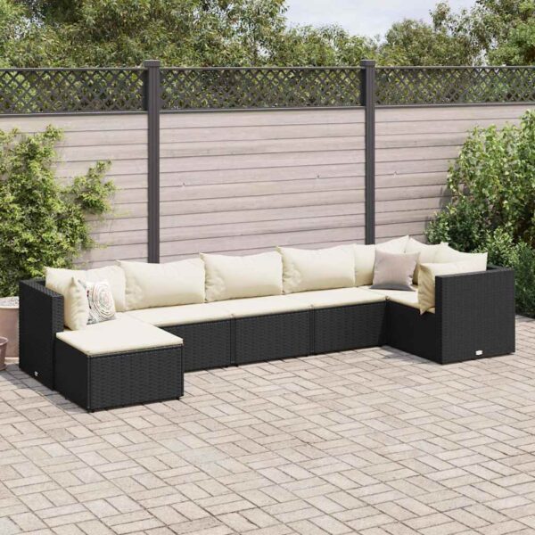 7-delige Loungeset met kussens poly rattan zwart