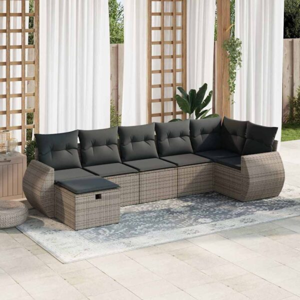 7-delige Loungeset met kussens poly rattan grijs