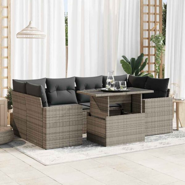 7-delige Loungeset met kussens poly rattan grijs