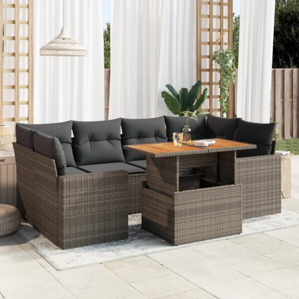 7-delige Loungeset met kussens poly rattan grijs