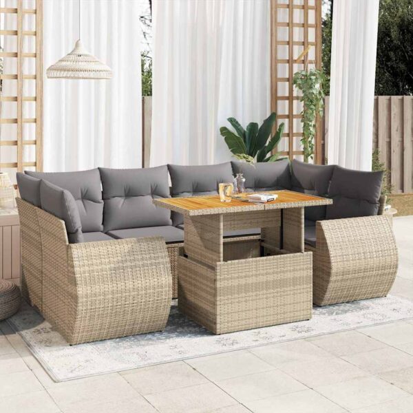 7-delige Loungeset met kussens poly rattan beige