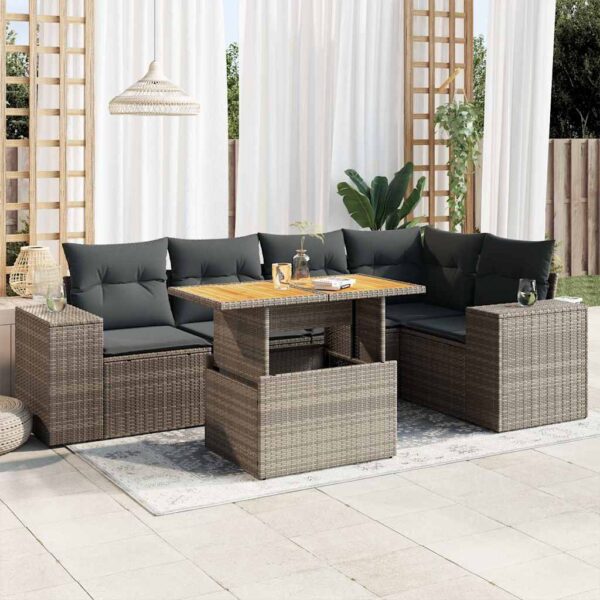 6-delige Loungeset met kussens poly rattan grijs