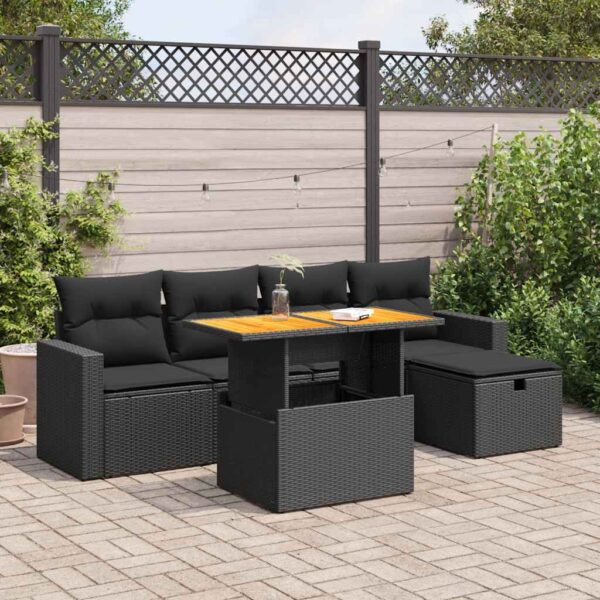 6-delige Loungeset met kussens poly rattan acacia zwart