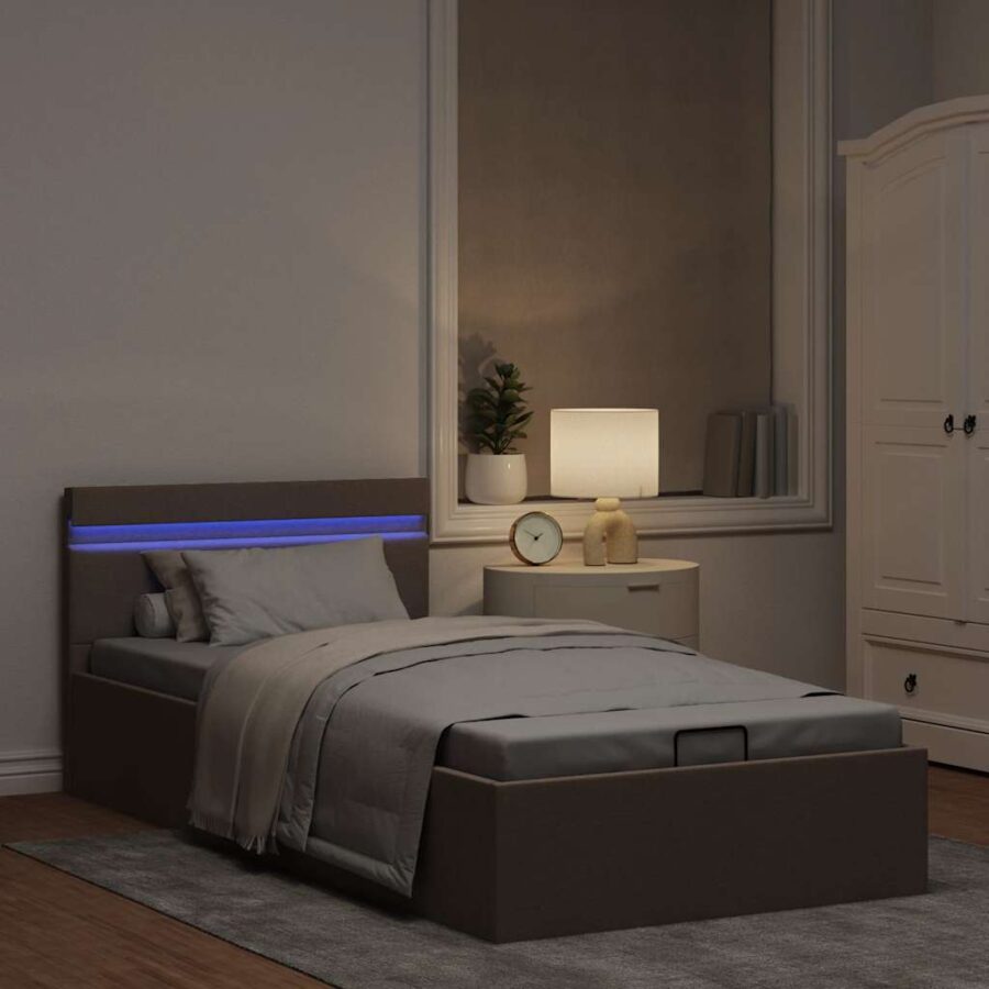 Bedframe met hydraulische opslag en LED stof taupe 90x200 cm - Afbeelding 4