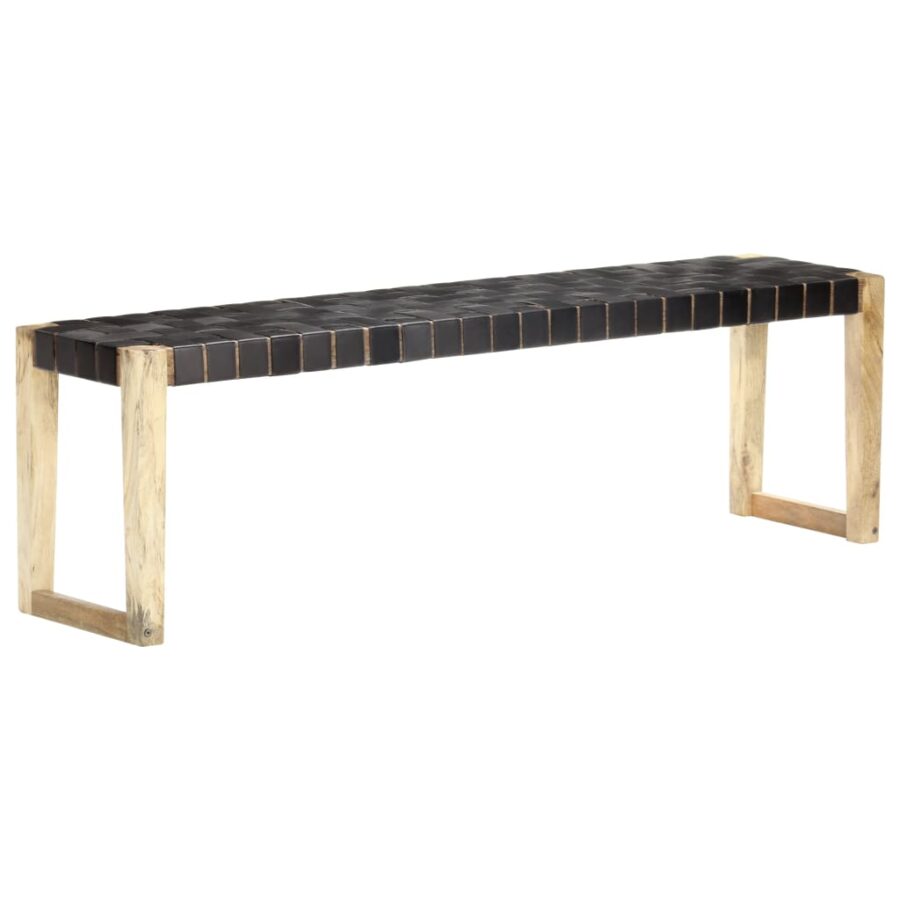 Bankje 150 cm echt leer en massief mangohout zwart - Afbeelding 9