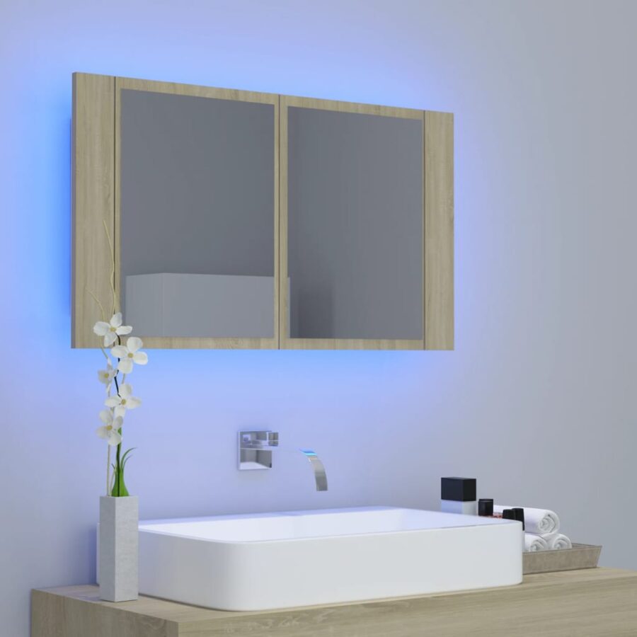 Badkamerkast met spiegel LED 80x12x45 acryl sonoma eikenkleurig - Afbeelding 3
