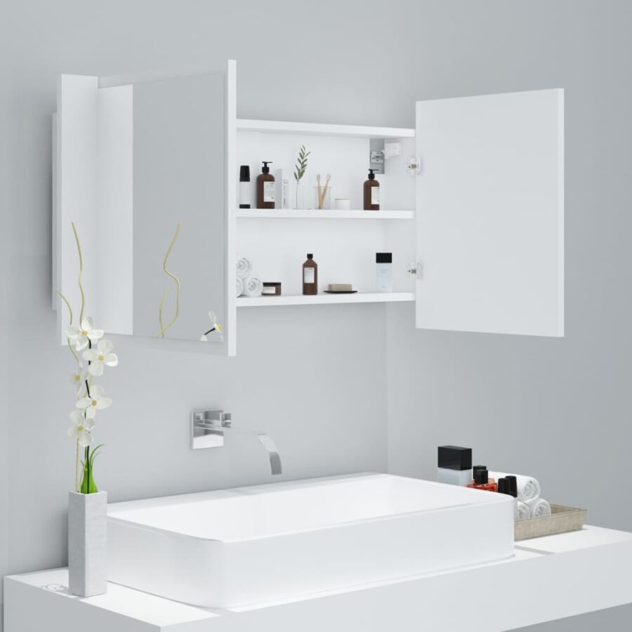 Badkamerkast met spiegel en LED 90x12x45 cm acryl wit - Afbeelding 6