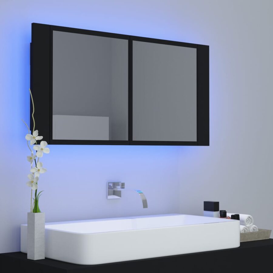 Badkamerkast met spiegel en LED 90x12x45 cm acryl zwart - Afbeelding 3