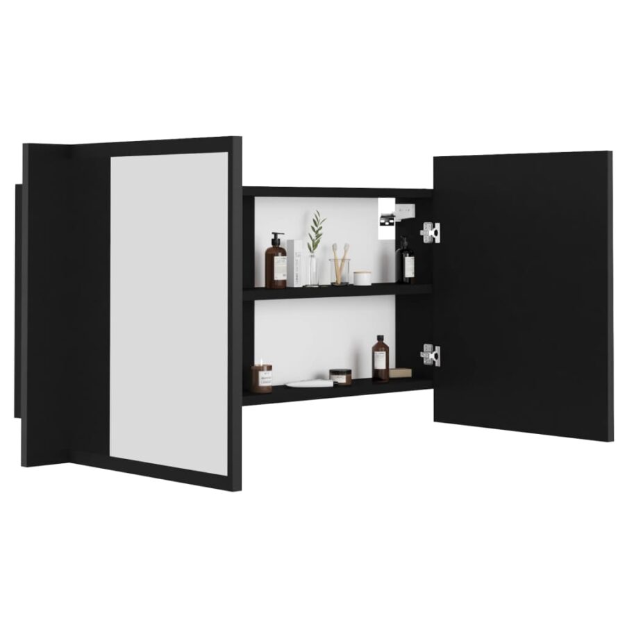 Badkamerkast met spiegel en LED 90x12x45 cm acryl zwart - Afbeelding 7
