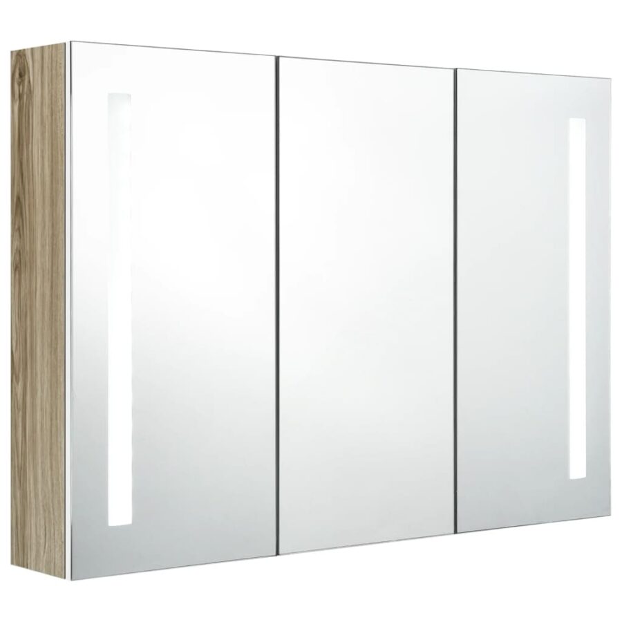 Badkamerkast met spiegel en LED 89x14x62 cm wit en eikenkleurig - Afbeelding 2