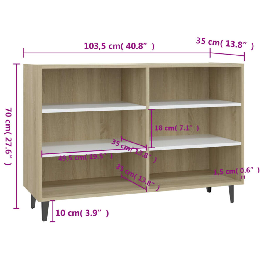 Dressoir 103,5x35x70 cm bewerkt hout wit en sonoma eikenkleurig - Afbeelding 6