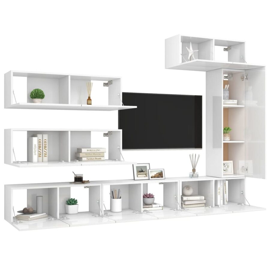 7-delige Tv-meubelset bewerkt hout hoogglans wit - Afbeelding 3