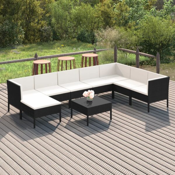 9-delige Loungeset met kussens poly rattan zwart