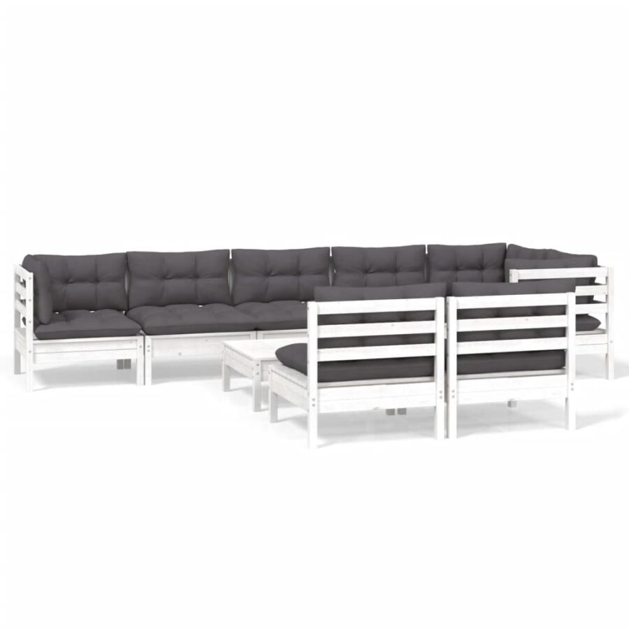 9-delige Loungeset met kussens massief grenenhout wit - Afbeelding 2