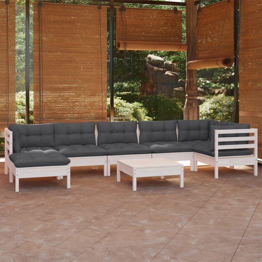 8-delige Loungeset met kussens massief grenenhout wit - Afbeelding 2