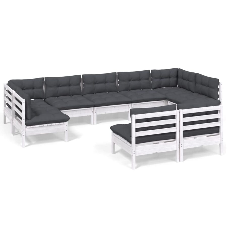 9-delige Loungeset met kussens massief grenenhout wit - Afbeelding 2