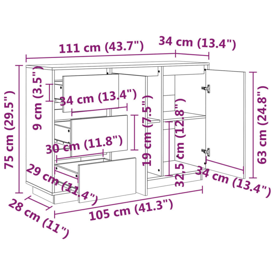 Dressoir 111x34x75 cm massief grenenhout wit - Afbeelding 9