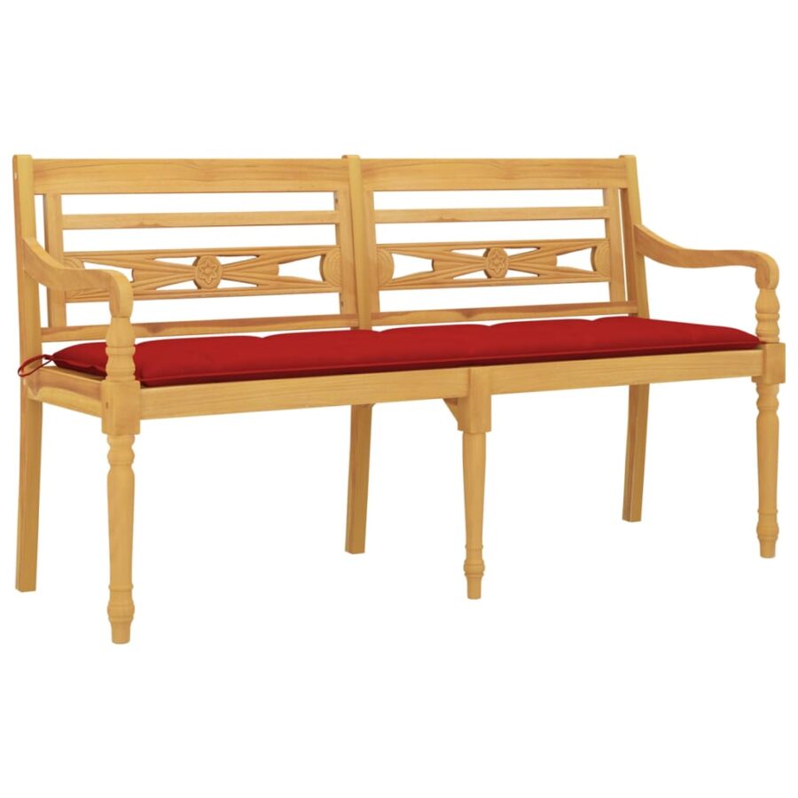 Bankje Batavia met rood kussen 150 cm massief teakhout - Afbeelding 3