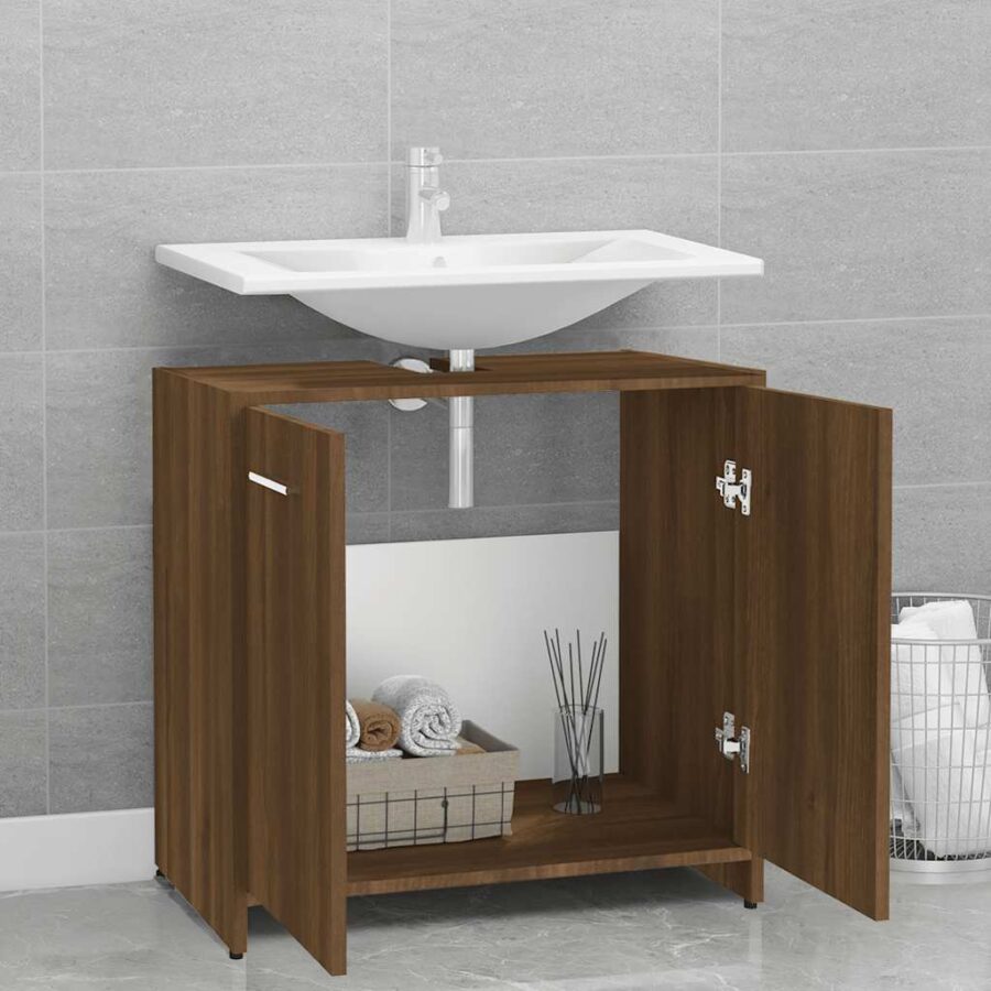 Badkamerkast 60x33x60 cm bewerkt hout bruin eikenkleur - Afbeelding 3