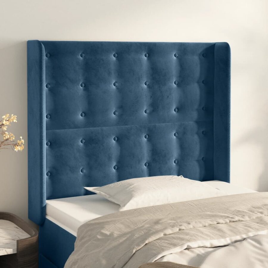 Hoofdbord met randen 93x16x118/128 cm fluweel donkerblauw