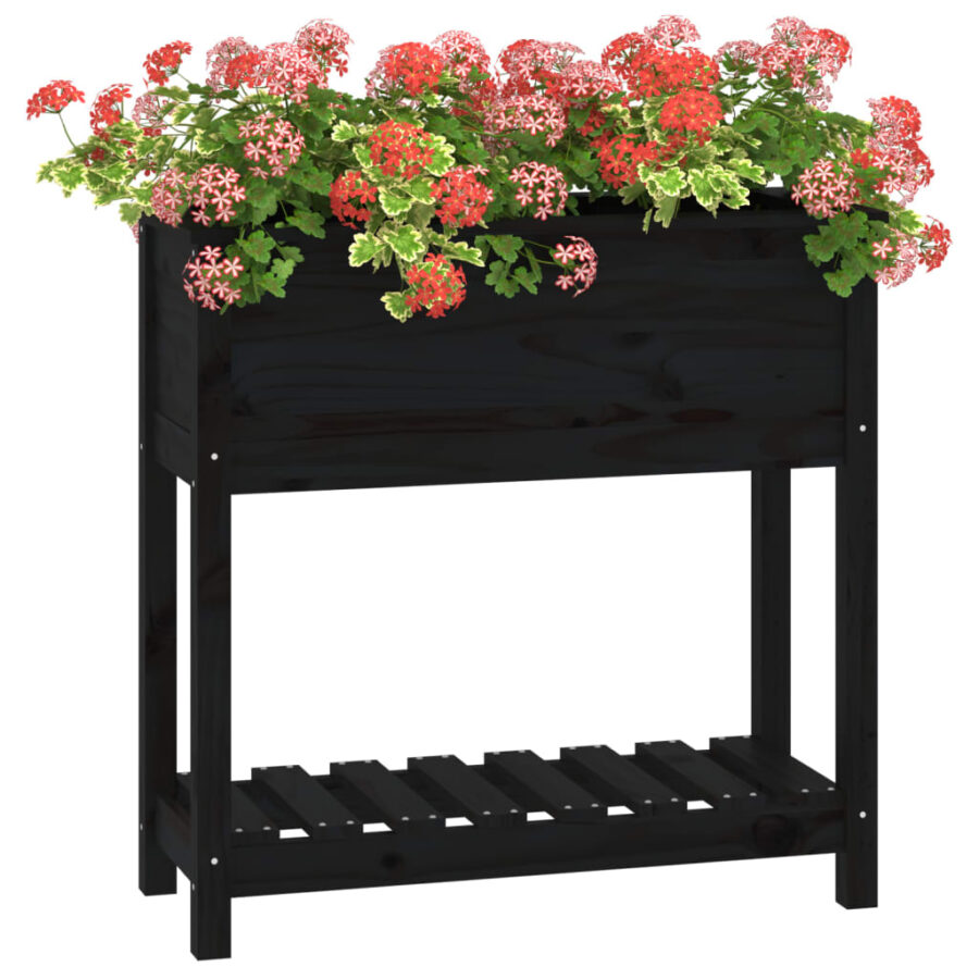 Plantenbak met schap 82,5x34,5x81 cm massief grenenhout zwart - Afbeelding 4