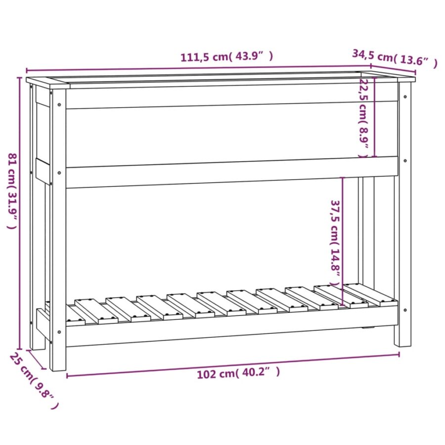 Plantenbak met schap 111,5x34,5x81 cm massief grenenhout grijs - Afbeelding 8