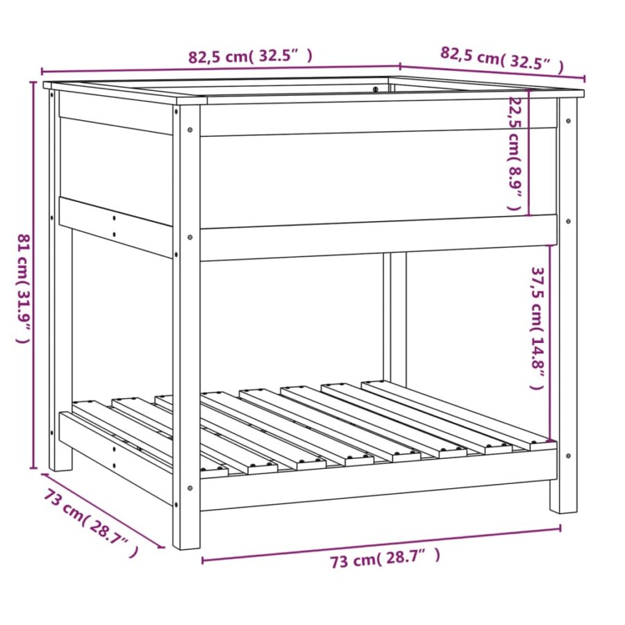 Plantenbak met schap 82,5x82,5x81 cm massief grenenhout zwart - Afbeelding 8