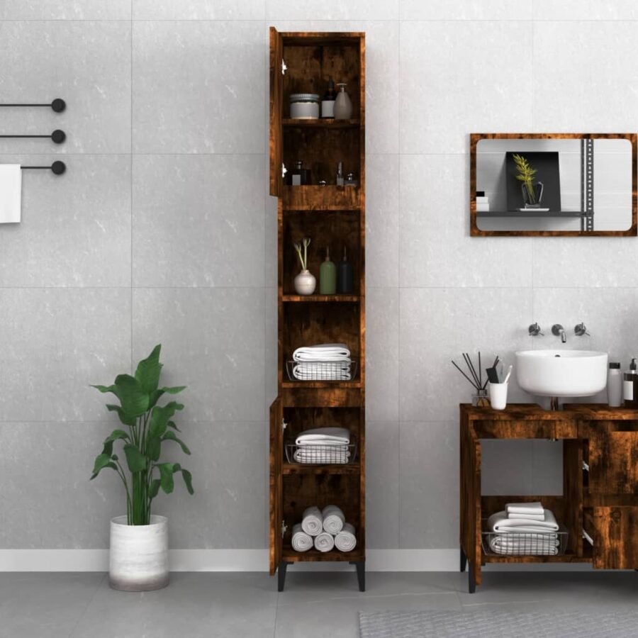 Badkamerkast 30x30x190 cm bewerkt hout gerookt eikenkleurig - Afbeelding 3