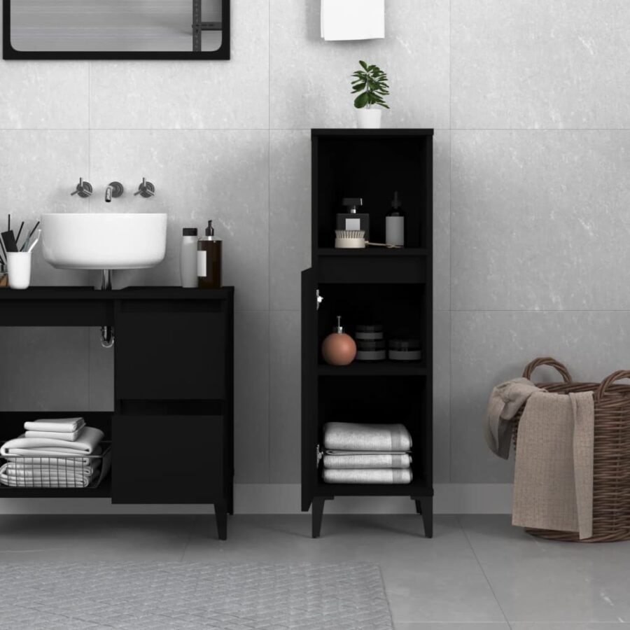 Badkamerkast 30x30x100 cm bewerkt hout zwart - Afbeelding 3