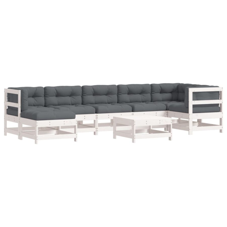 8-delige Loungeset met kussens massief hout wit - Afbeelding 2
