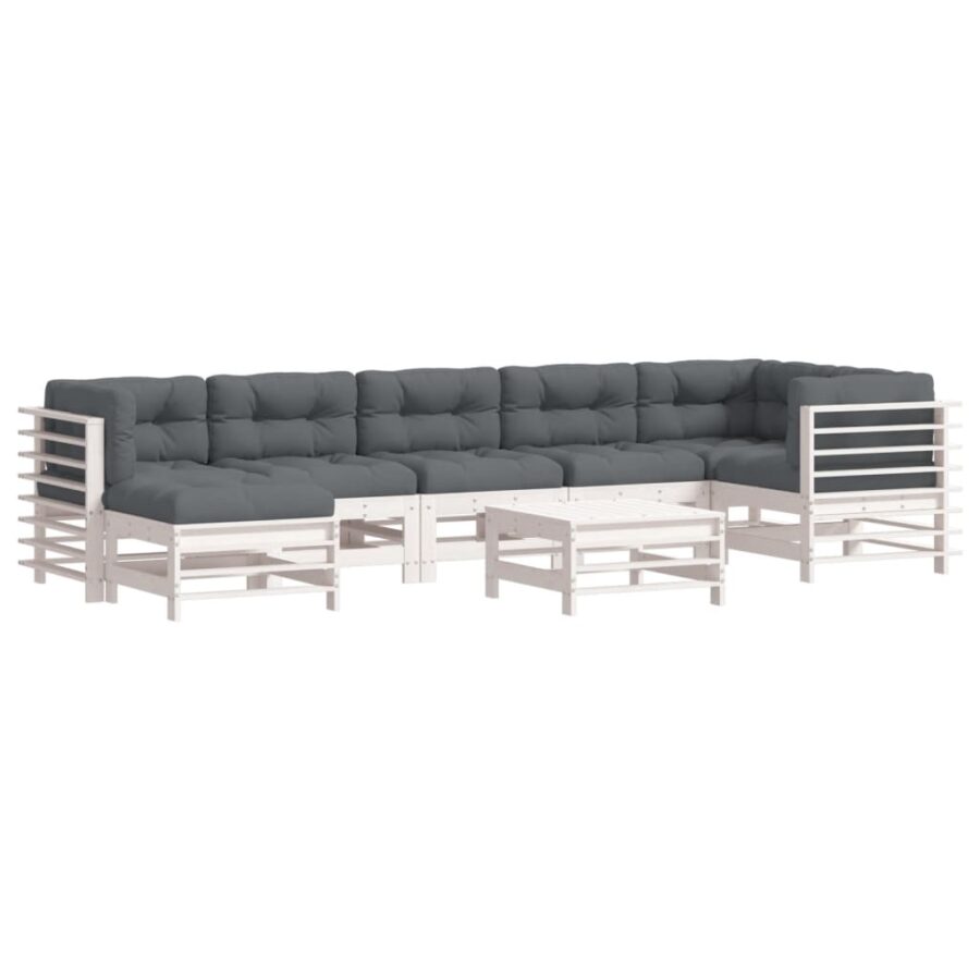 8-delige Loungeset met kussens massief hout wit - Afbeelding 2