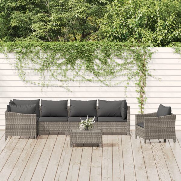7-delige Loungeset met kussens poly rattan grijs
