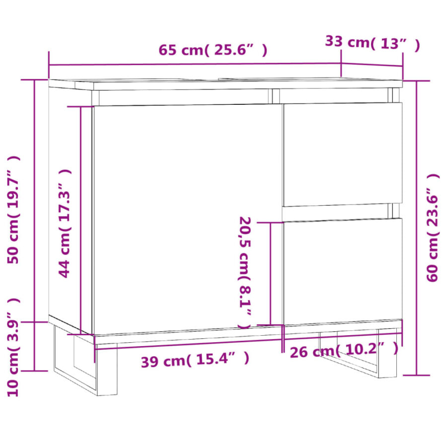 Badkamerkast 65x33x60 cm bewerkt hout grijs sonoma eikenkleurig - Afbeelding 11