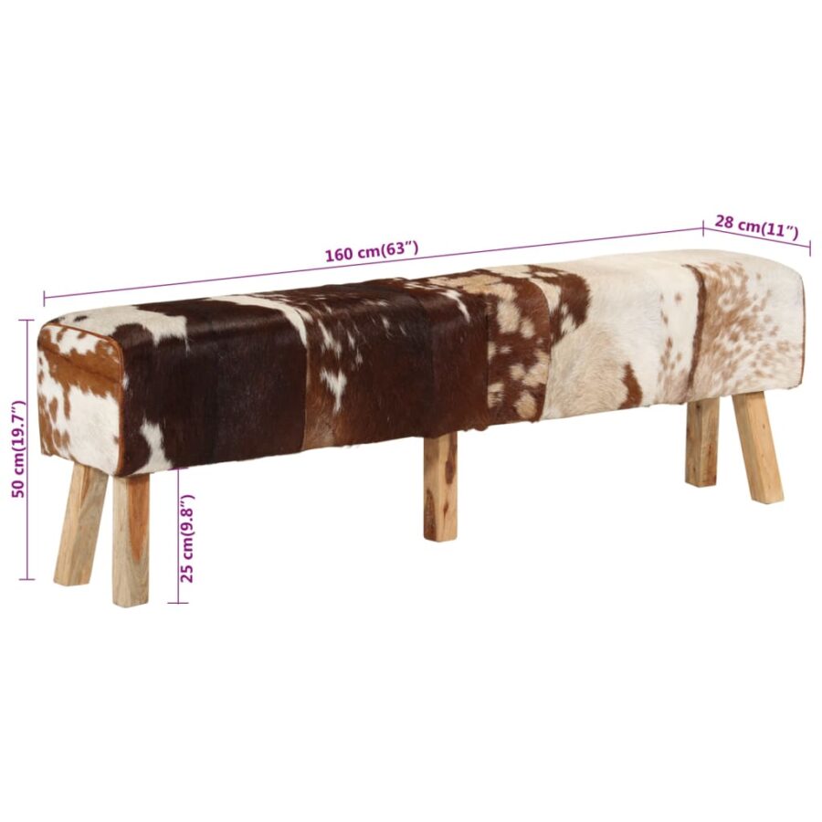 Bankje 160x28x50 cm echt geitenleer bruin en wit - Afbeelding 8