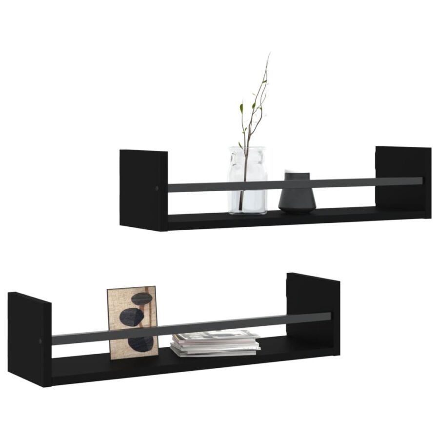 Wandschappen met stangen 2 st 60x16x14 cm zwart - Afbeelding 3